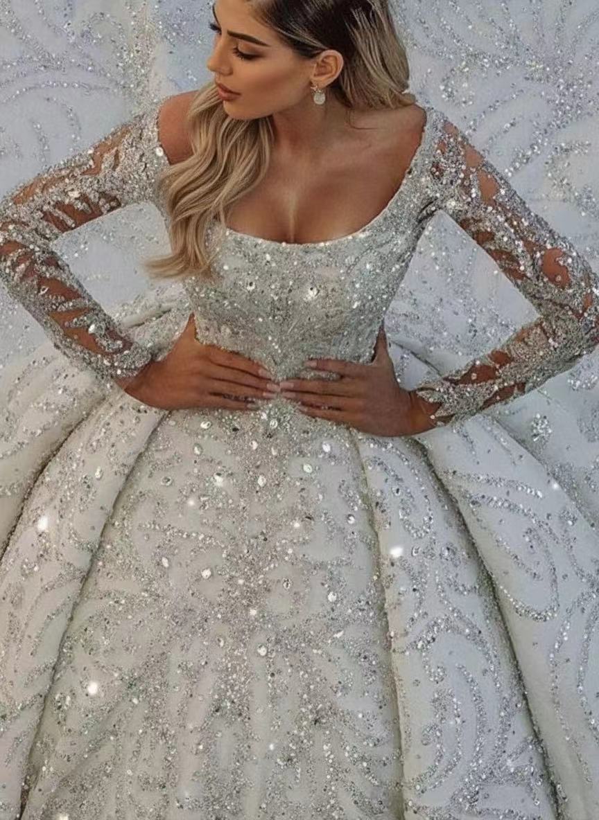 Cathedral length full sleeve round neck sequined gorgeous bridal dress