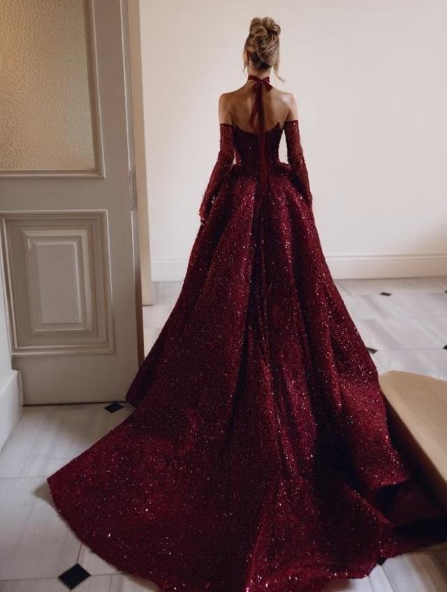 Luxurious Burgundy Split Beaded off the shoulder full sleeve formal party dress