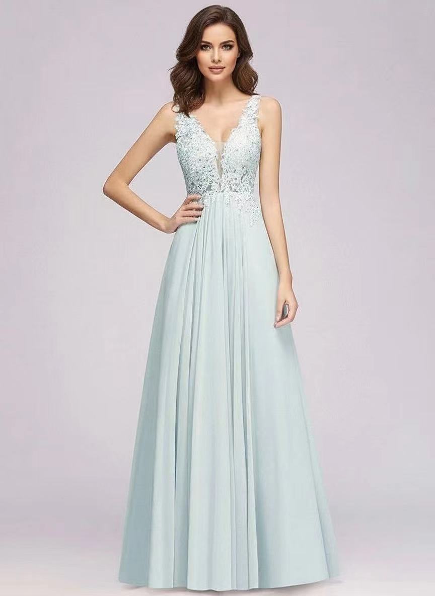 Lace straps sleeveless floor length chiffon formal party and prom dress