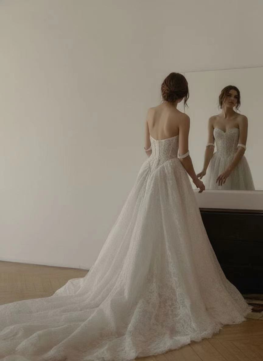 Chapel length off the shoulder floral lace design Bridal excotic dress