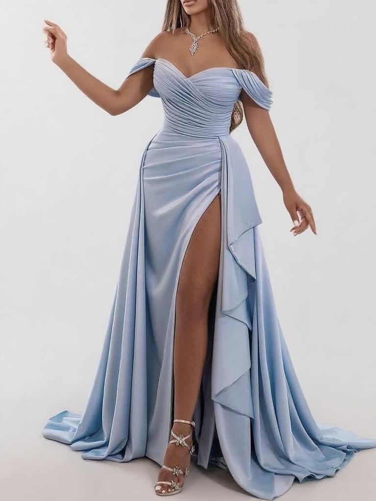 Satin off the shoulder stripes floor length mid-sliced  party dress