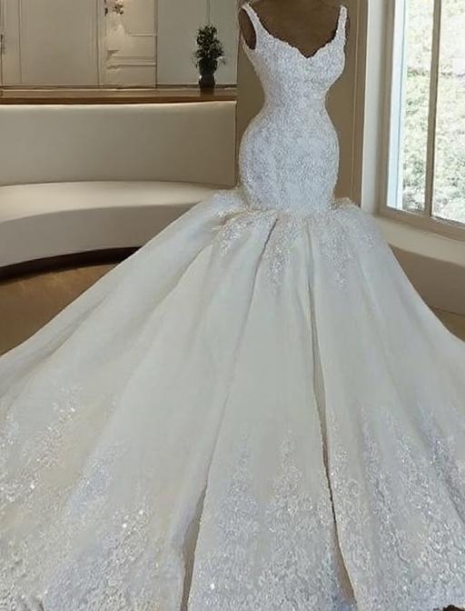 Mermaid style cathedral length v neck sleeveless sequined gorgeous bridal dress