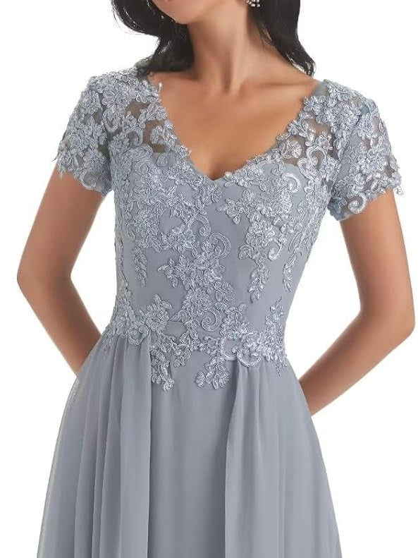 Ankle length lace designed short sleeve party dress