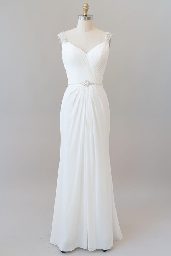 Court length Elegant Ruffle Beading Chiffon Sheath Wedding Dress