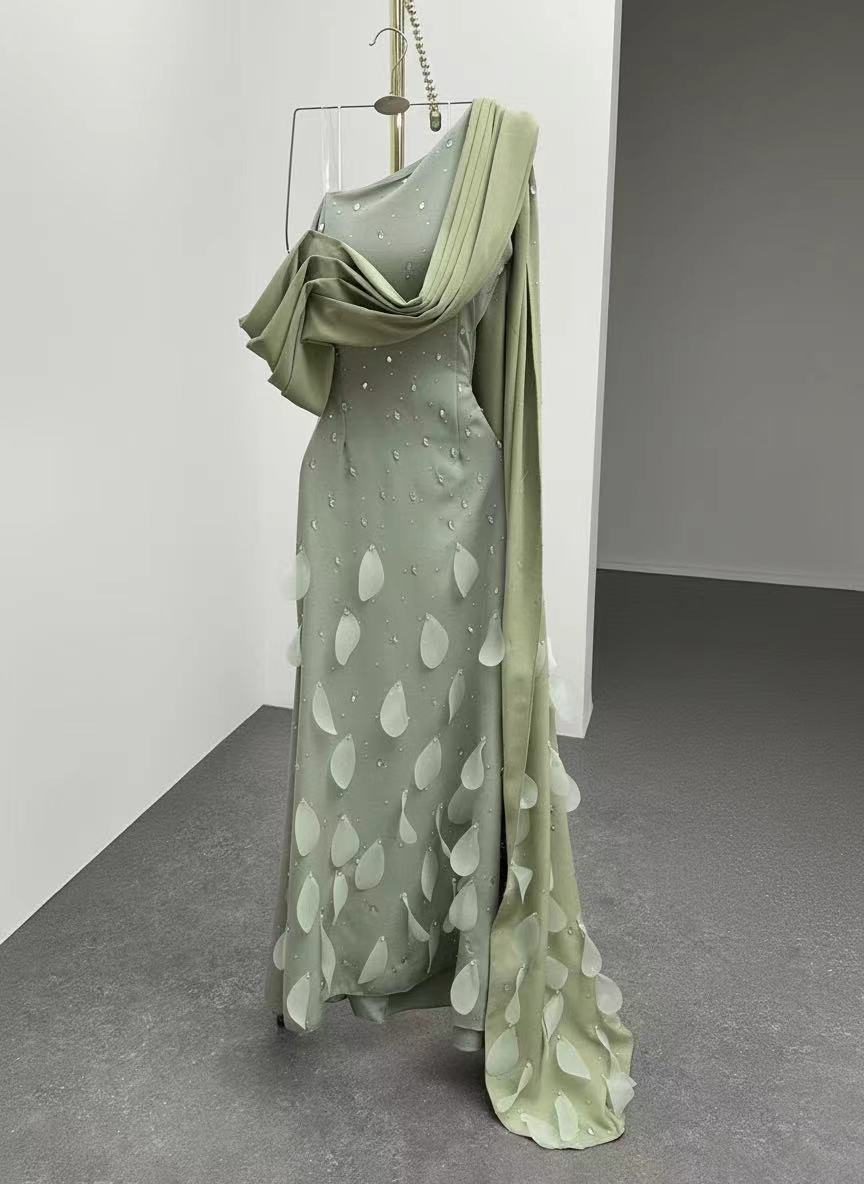 Uniquely designed Embroidery and side cape floor length party and ceremony dress