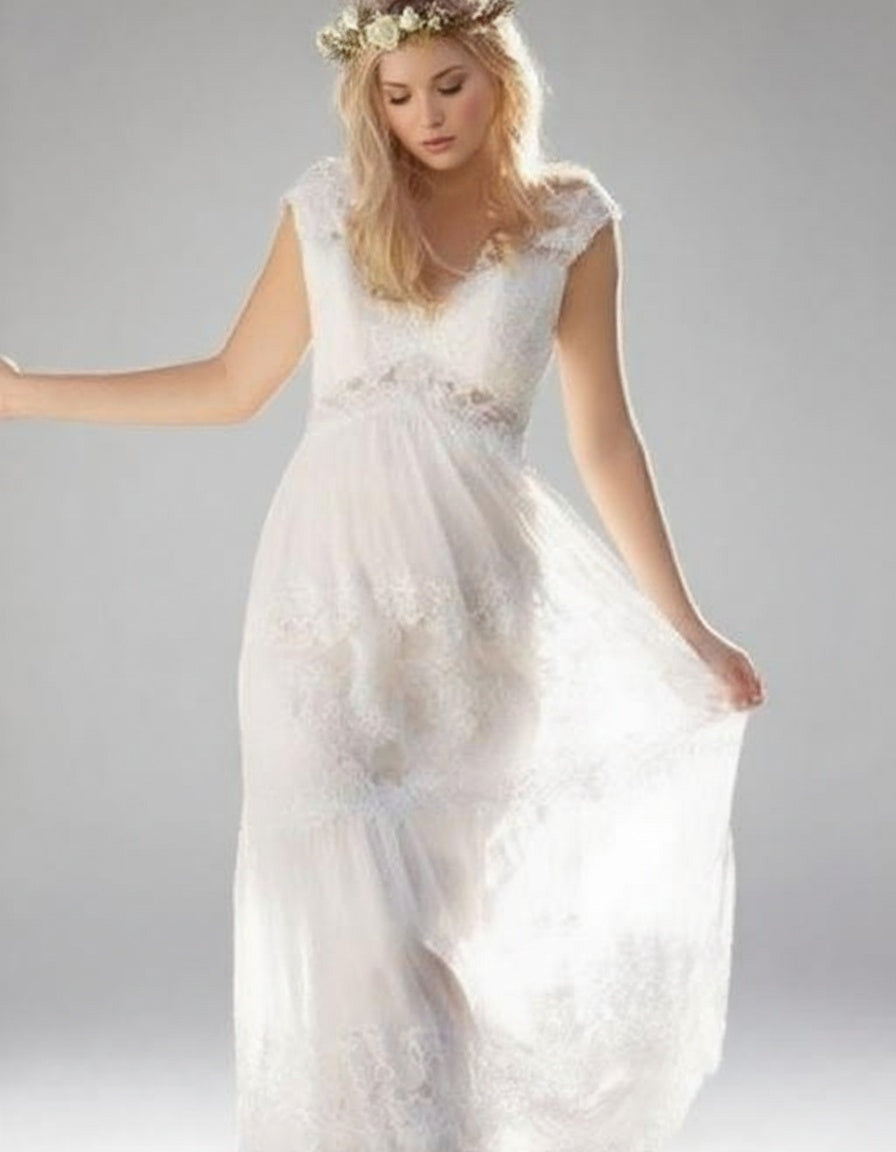Sweep length pure white lace dress floral design