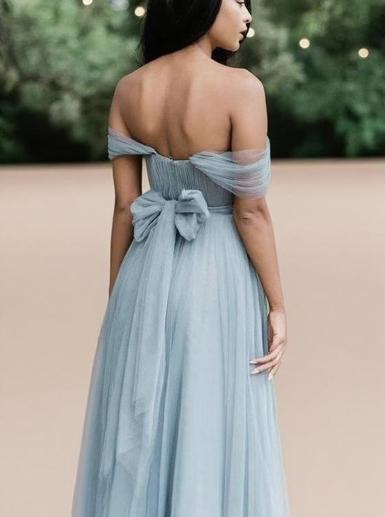 Off the shoulder yarn thin straps floor length bridal party bridesmaid dress