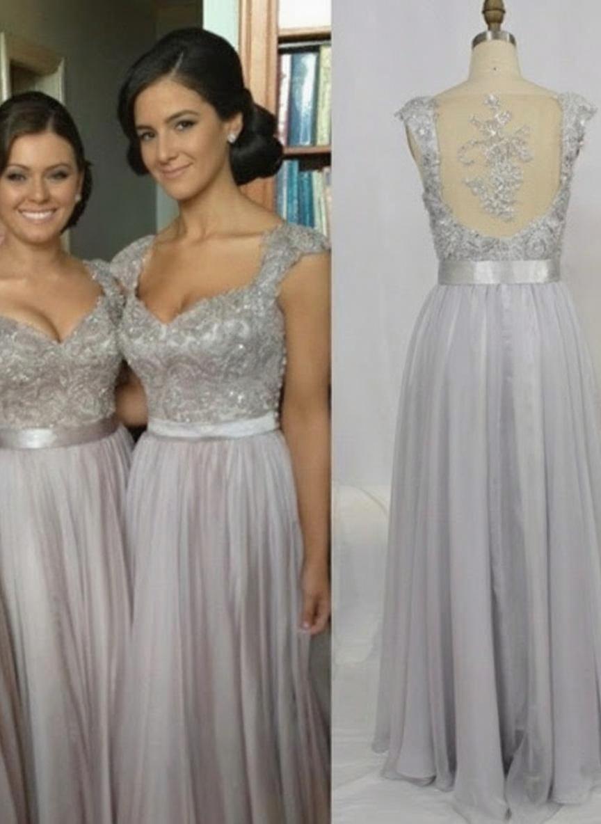 Lace design upper part and chiffon skirt sleeveless floor length bridesmaid dress