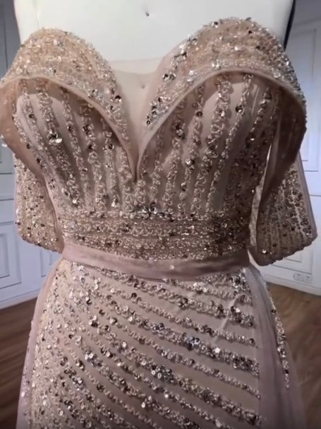 Mermaid style side split sparkling sequined off the shoulder straps gorgeous party dress