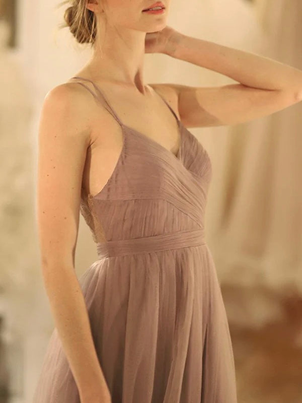 Spaghetti straps Chiffon floor length lace designed back party and prom dress