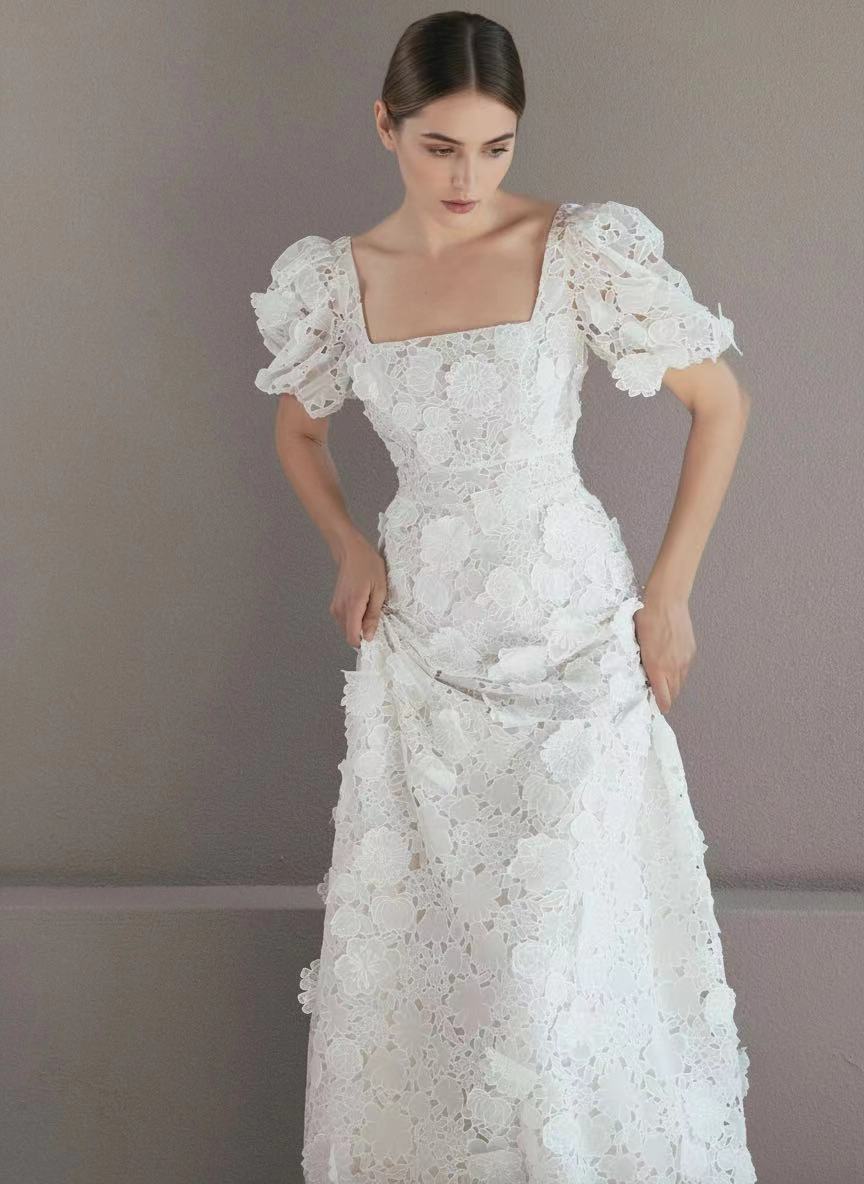 Floral Padded Puff Sleeve Dress Square neck floor length