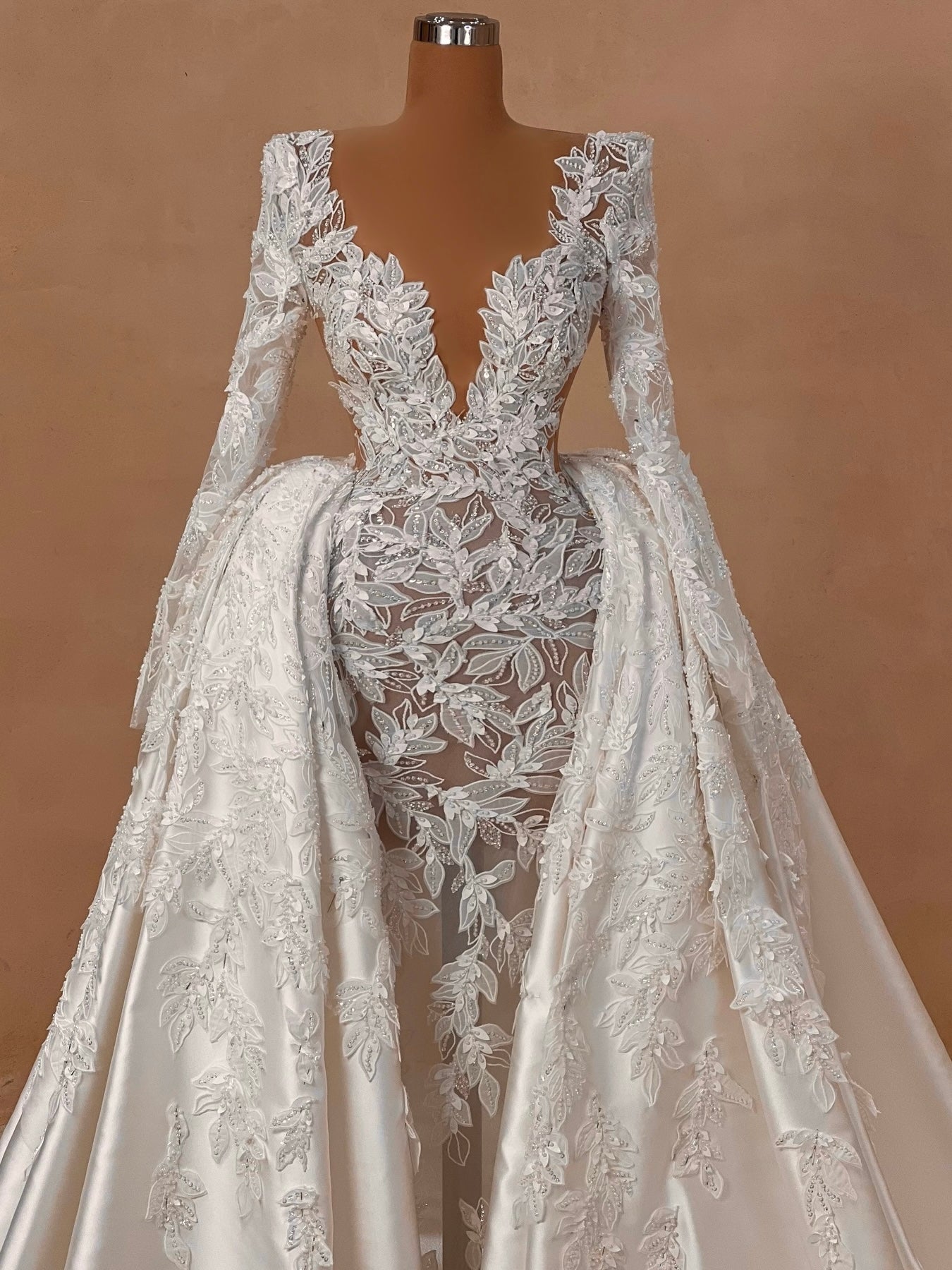 Floral lace deep v neck full sleeve cathedral length with detachable overskirt bridal dress