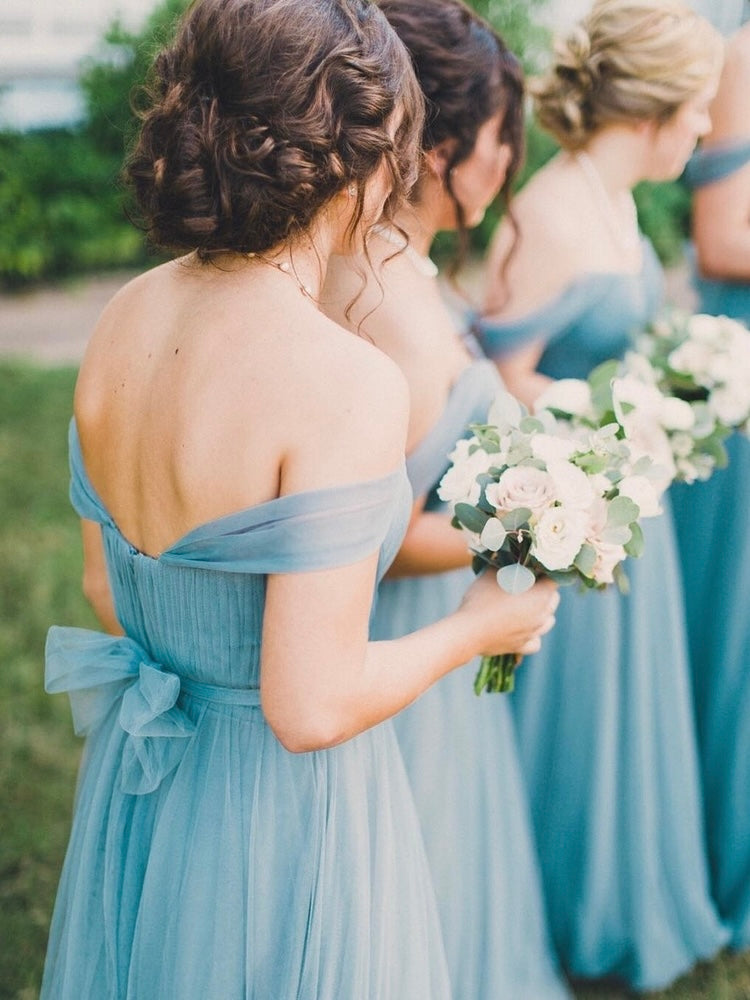 Off the shoulder yarn thin straps floor length bridal party bridesmaid dress