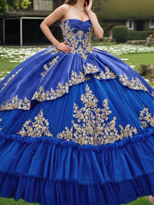 Gorgeously designed royal blue chapel length off the shoulder sleeveless ball gown