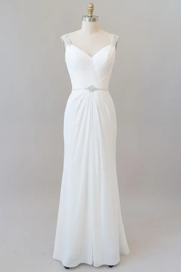 Court length Elegant Ruffle Beading Chiffon Sheath Wedding Dress