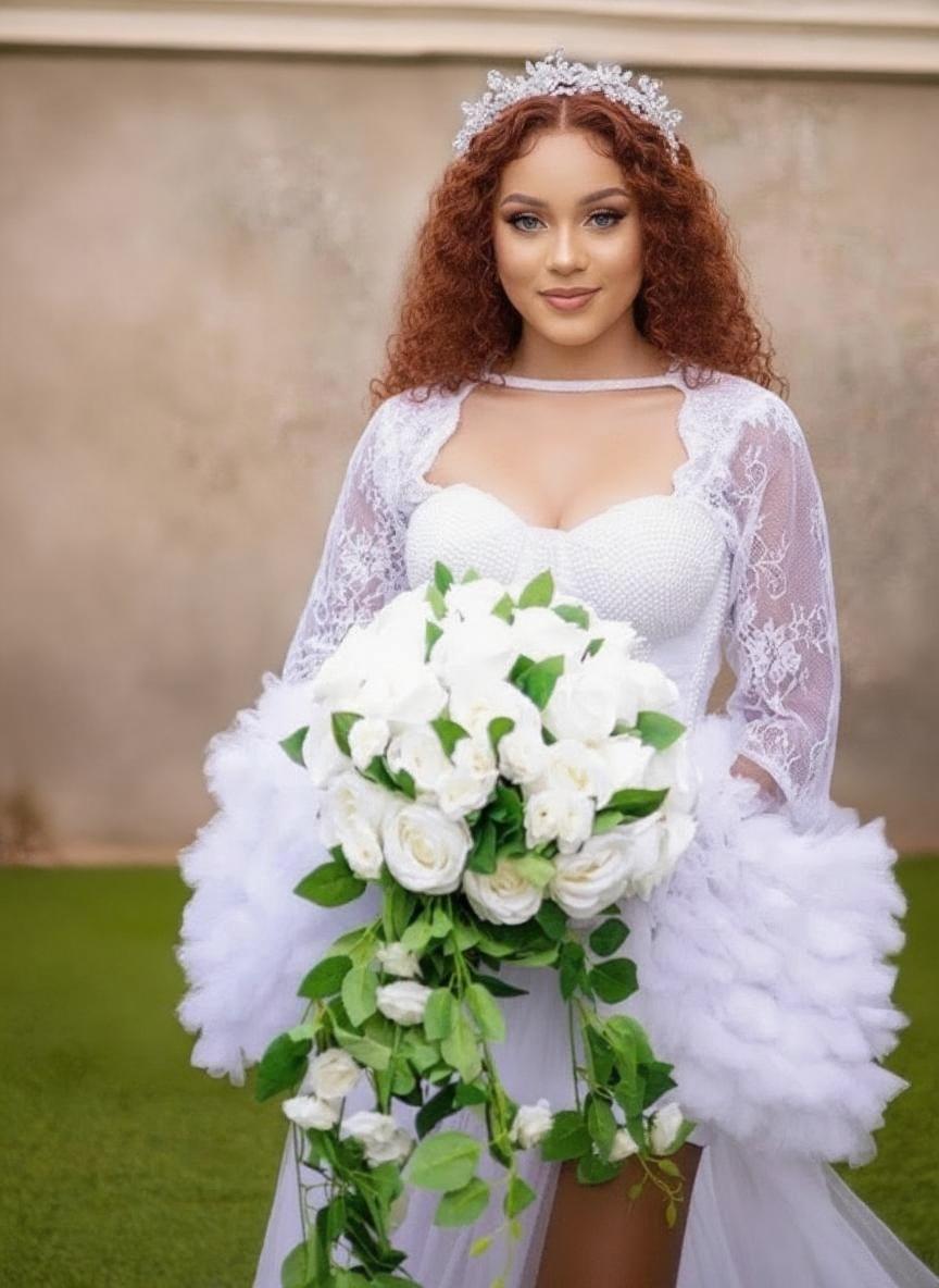 Gorgeous floral puff long sleeve chapel length bridal dress