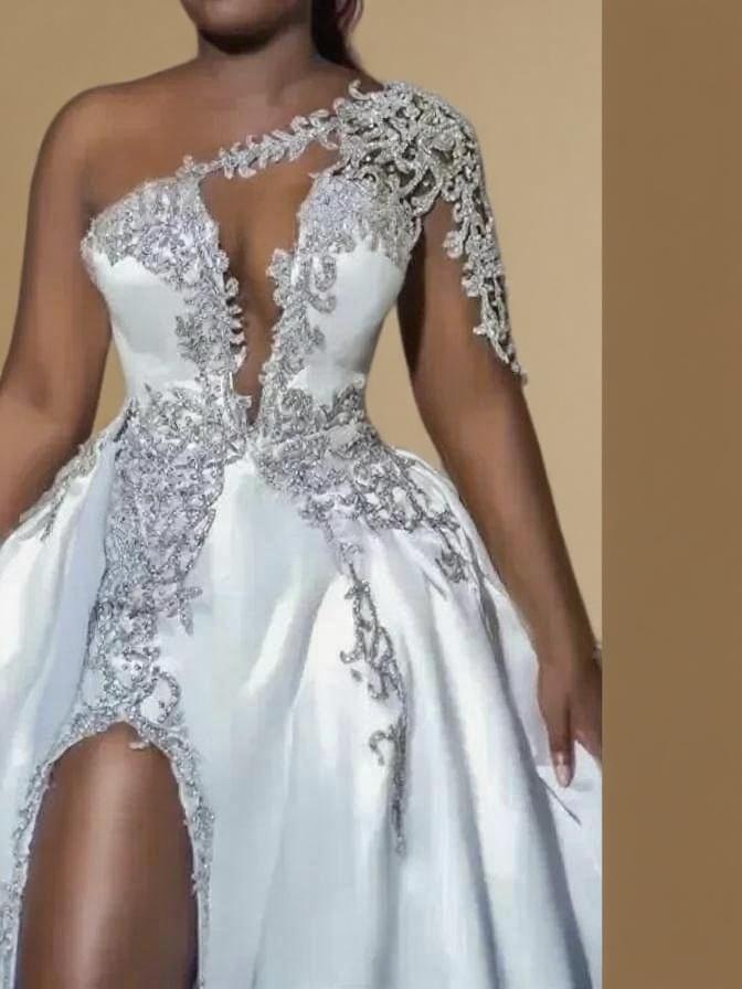 lace and stain deep v neck sleeveless side split court length party and bridal dress