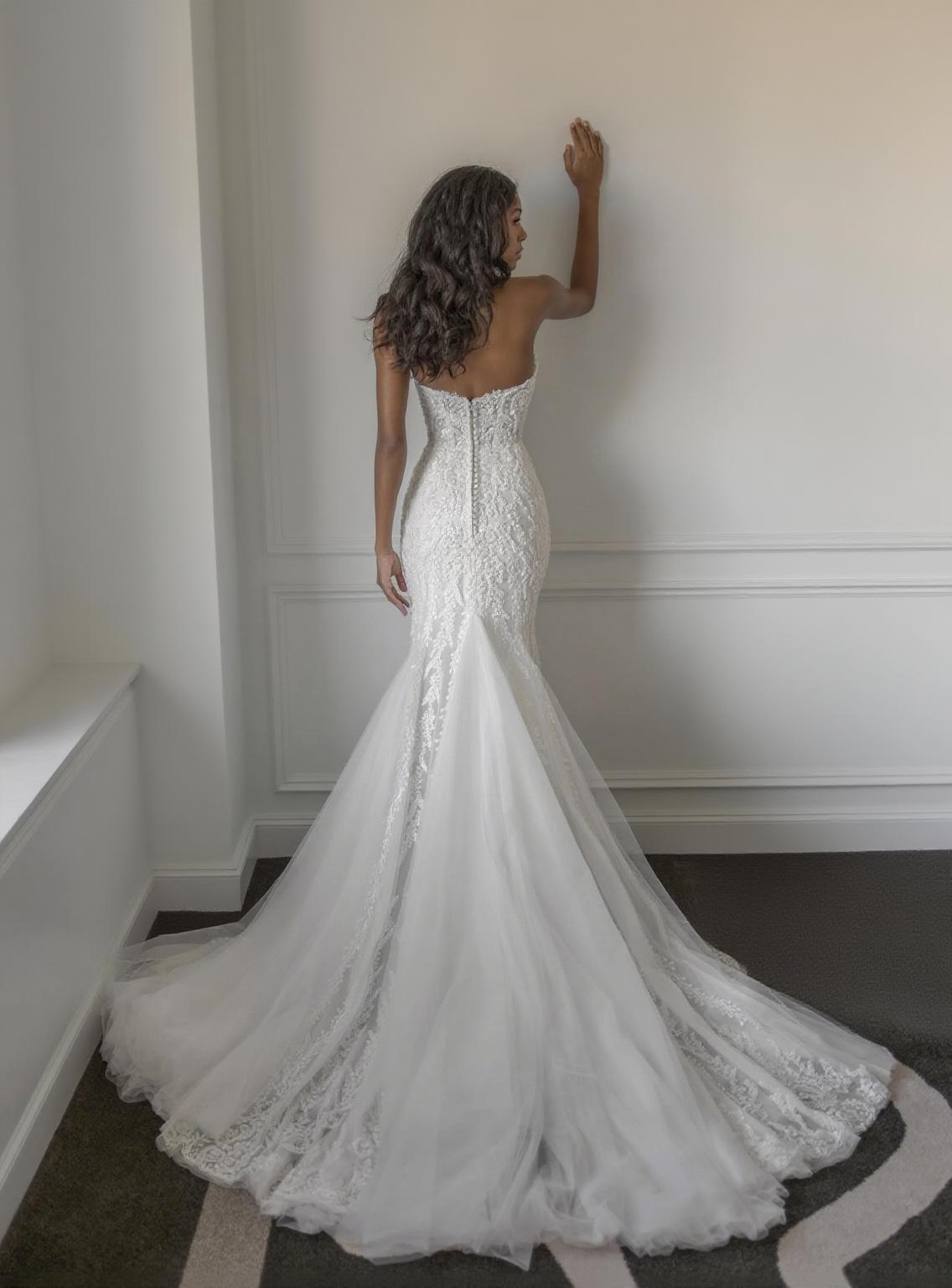 Mermaid style lace designed off the shoulder sleeveless bridal gown