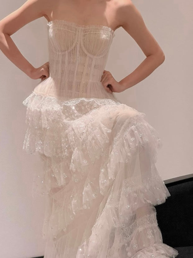 Off the shoulder Tiered layered chapel length beautiful bridal dress