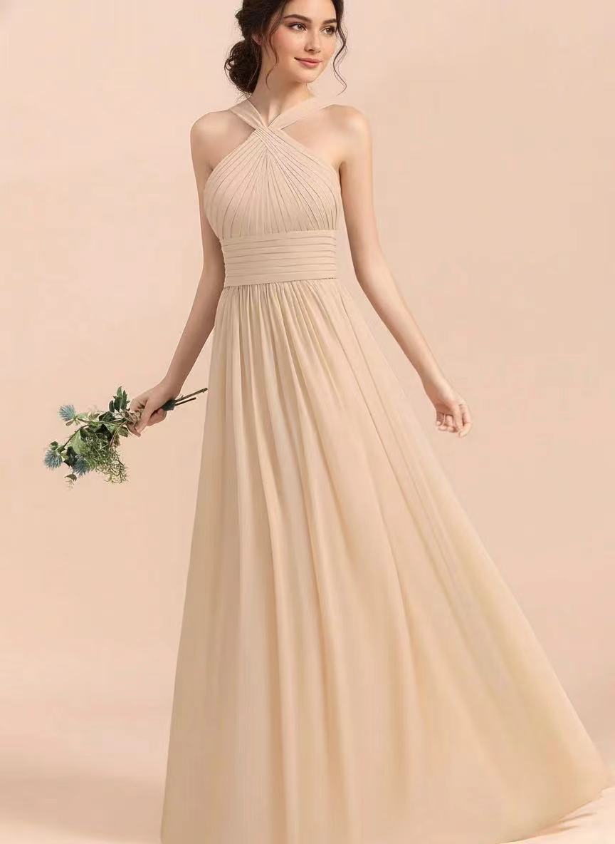 Satin sleeveless floor length square shape back bridal party and prom dress