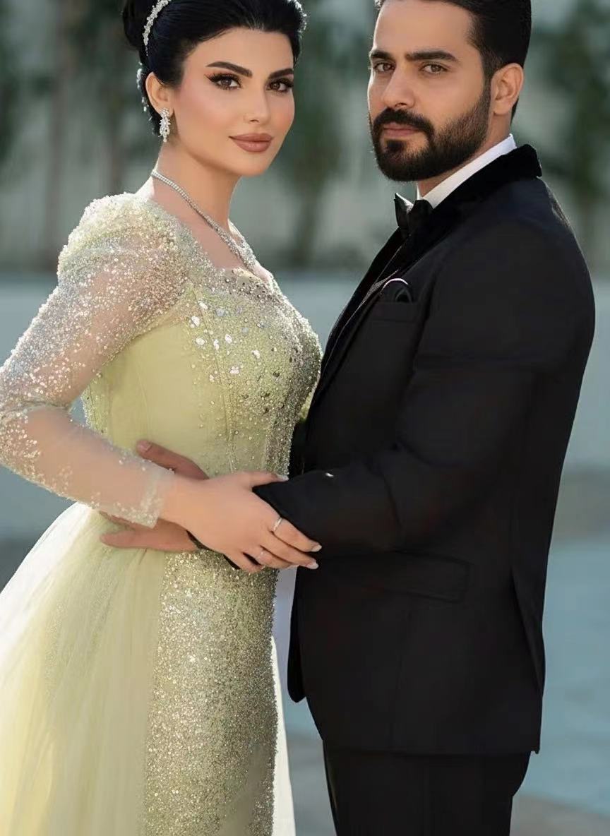 Sequined panel train long sleeves square neck gorgeous bridal dress