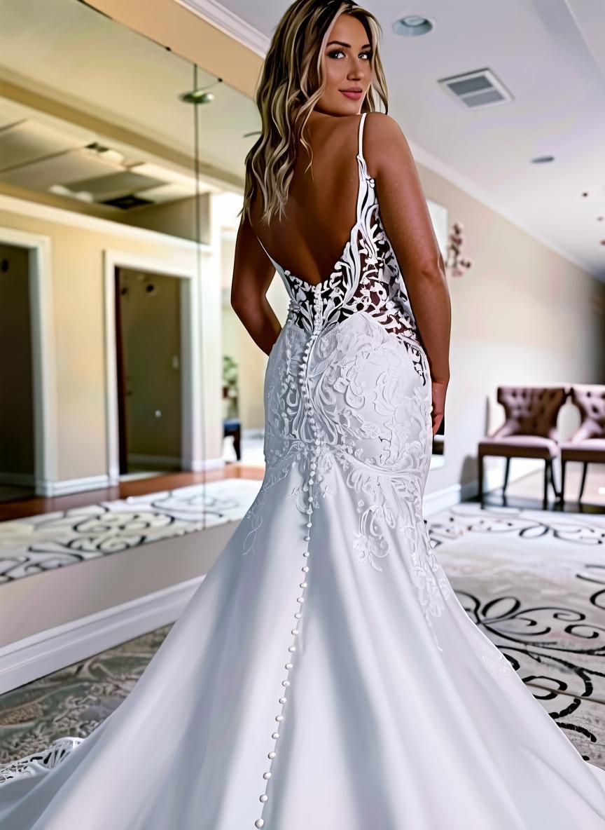 Mermaid style gorgeous lace and satin chapel length sleeveless bridal dress