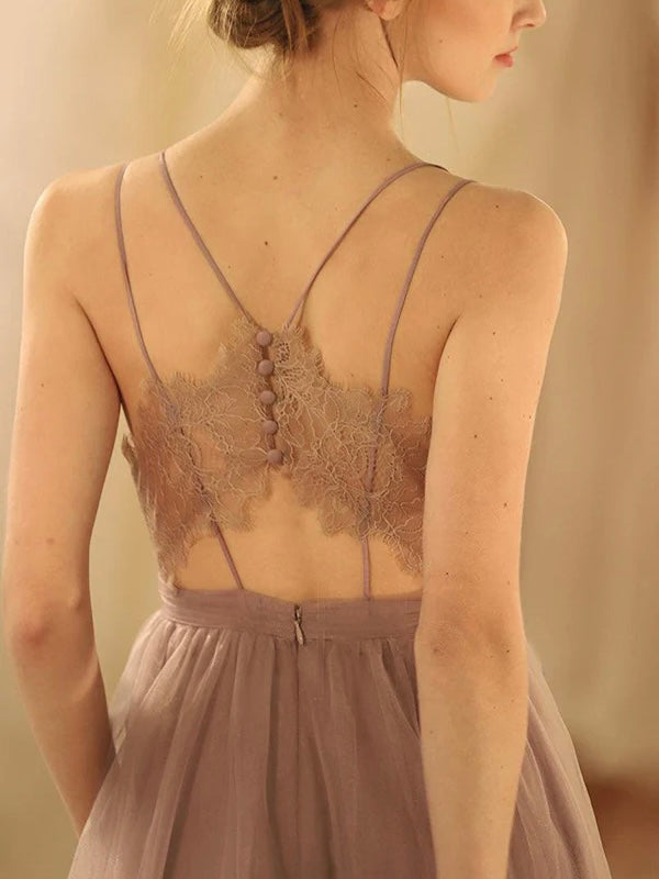 Spaghetti straps Chiffon floor length lace designed back party and prom dress