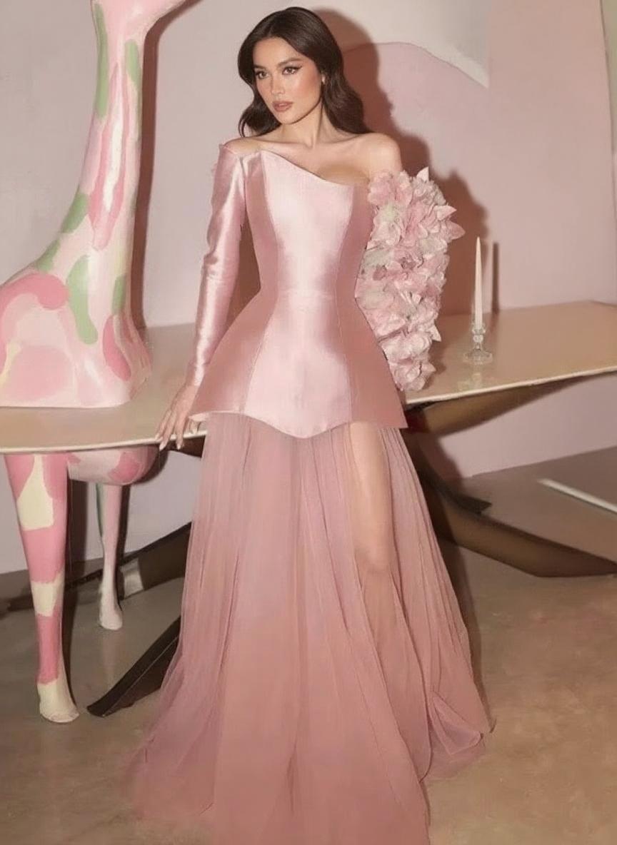 Satin one shoulder gorgeous floral designed dress