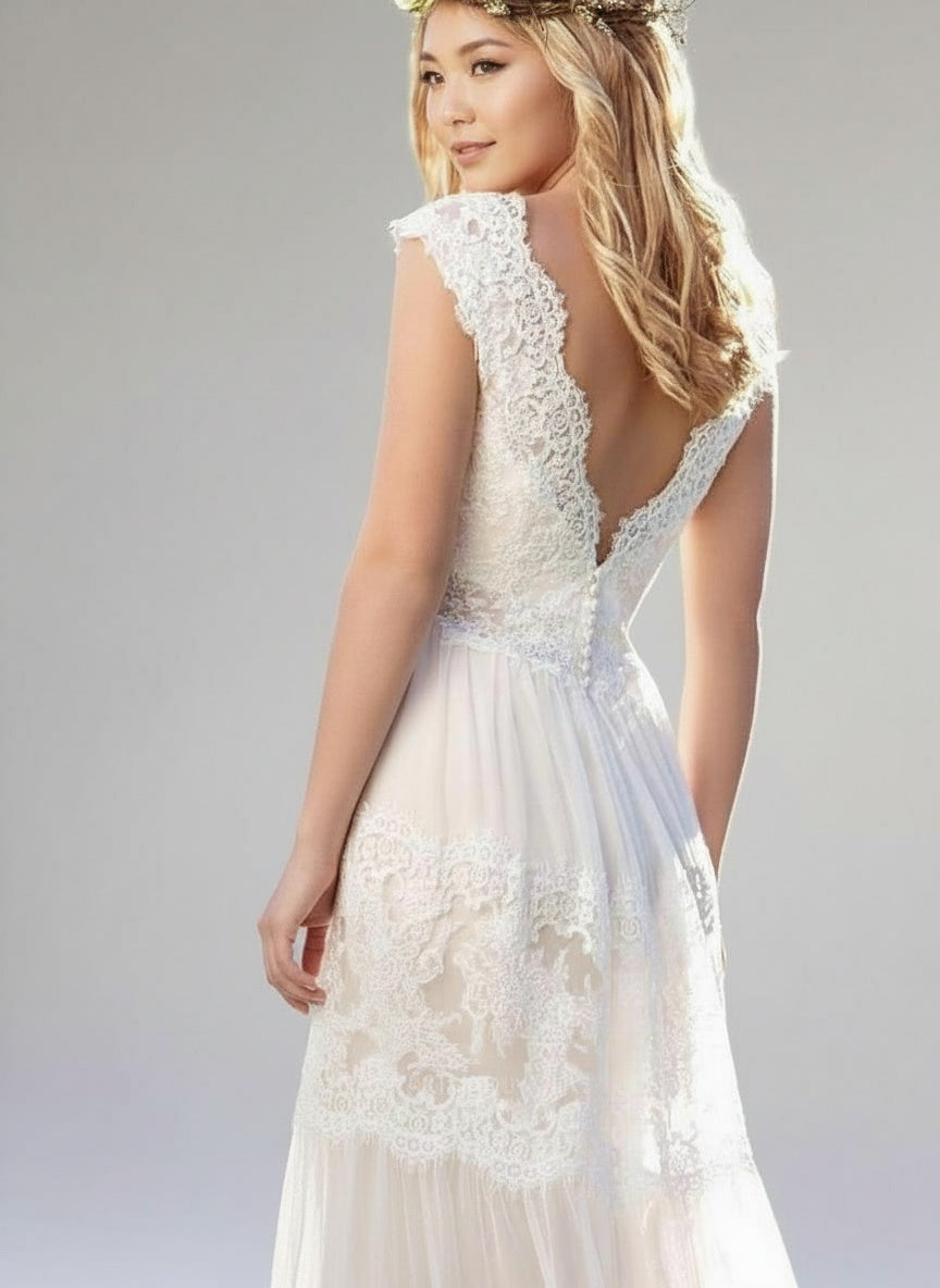 Sweep length pure white lace dress floral design