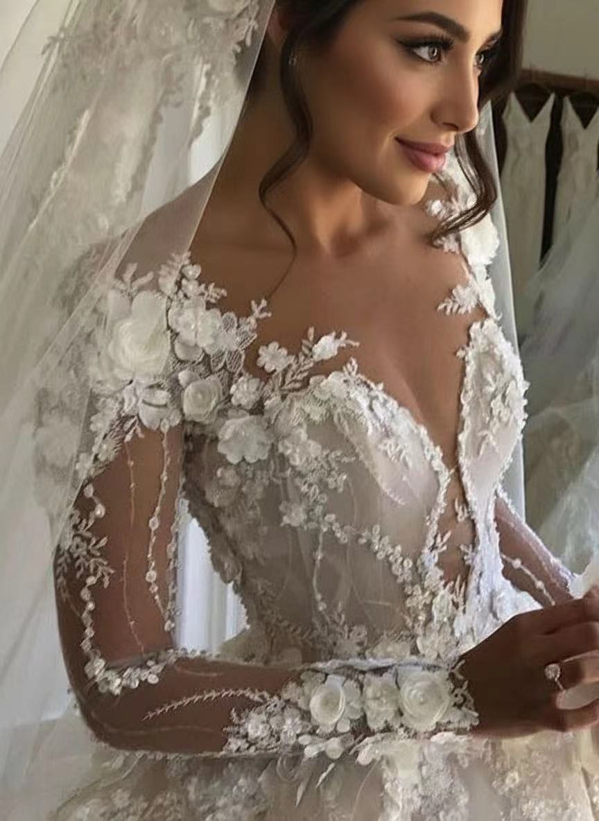 Cathedral length Floral lace style v neck long sleeve floor length bridal dress with veil