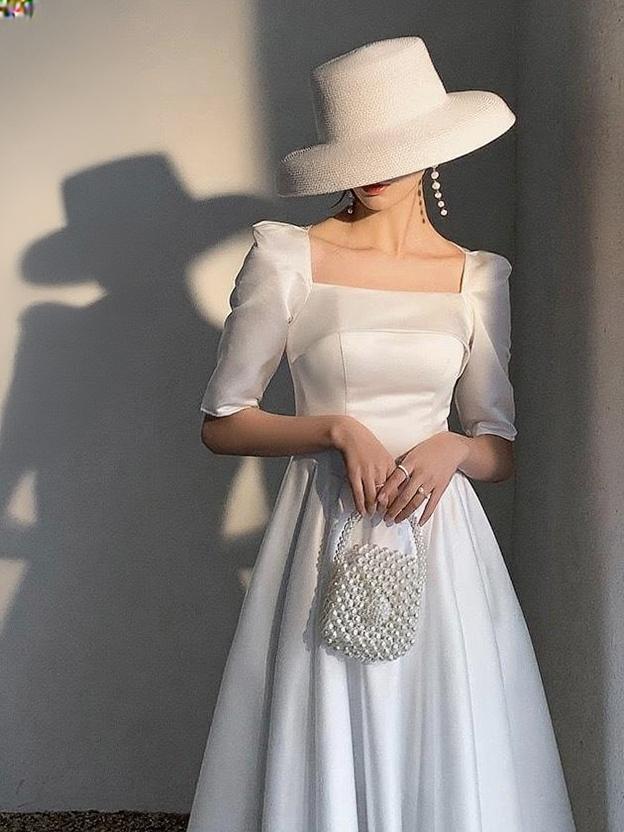 Satin Quartar length short sleeve Bridal and bridesmaid dress