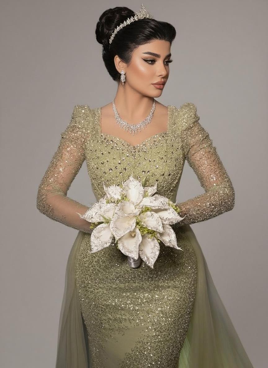 Sequined panel train long sleeves square neck gorgeous bridal dress