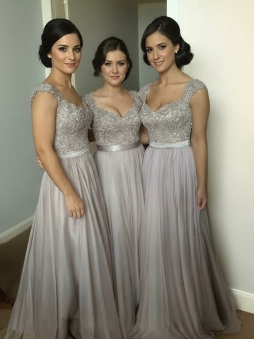 Lace design upper part and chiffon skirt sleeveless floor length bridesmaid dress