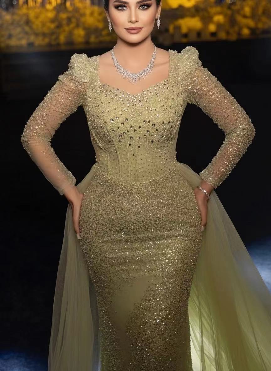 Sequined panel train long sleeves square neck gorgeous bridal dress