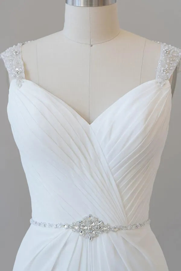 Court length Elegant Ruffle Beading Chiffon Sheath Wedding Dress