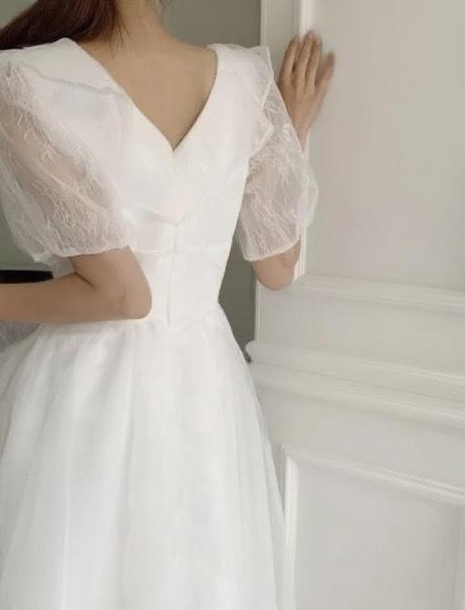 Pure white satin short sleeve small neck elegant bridal dress