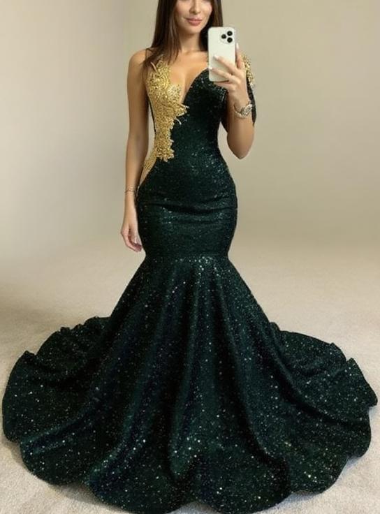 One shoulder Glittered Mermaid style dark green prom and party dress