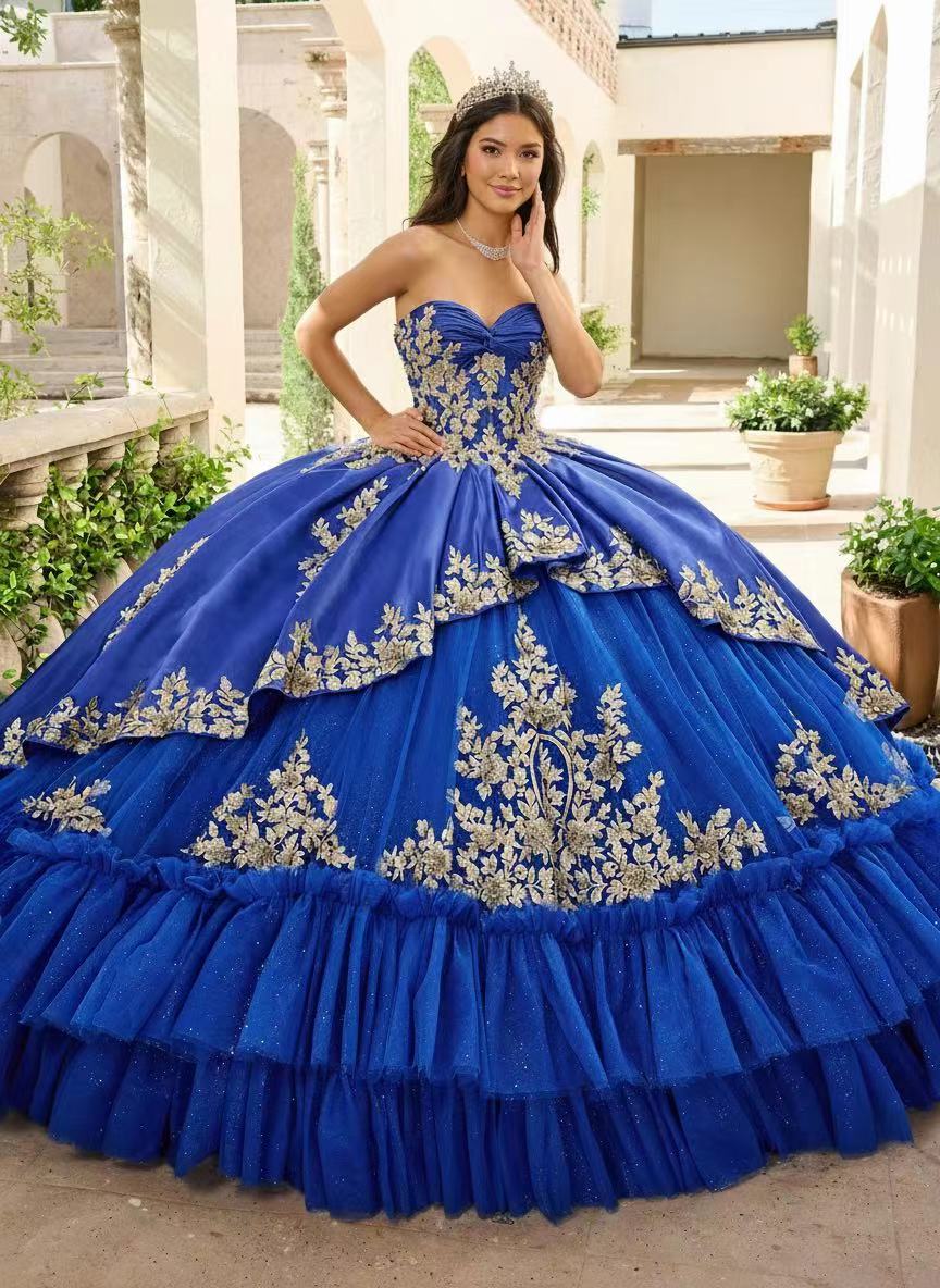 Gorgeously designed royal blue chapel length off the shoulder sleeveless ball gown