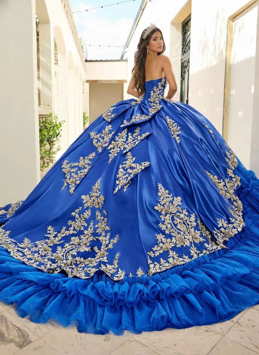 Gorgeously designed royal blue chapel length off the shoulder sleeveless ball gown