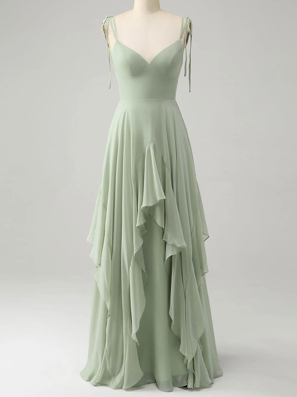 Chiffon A-line Bridesmaid Dresses V-neck Bow Spaghetti Straps Layered Ruffle