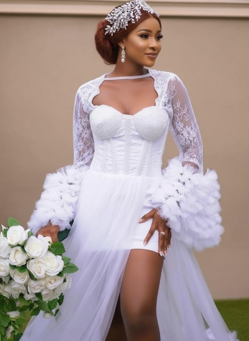 Gorgeous floral puff long sleeve chapel length bridal dress