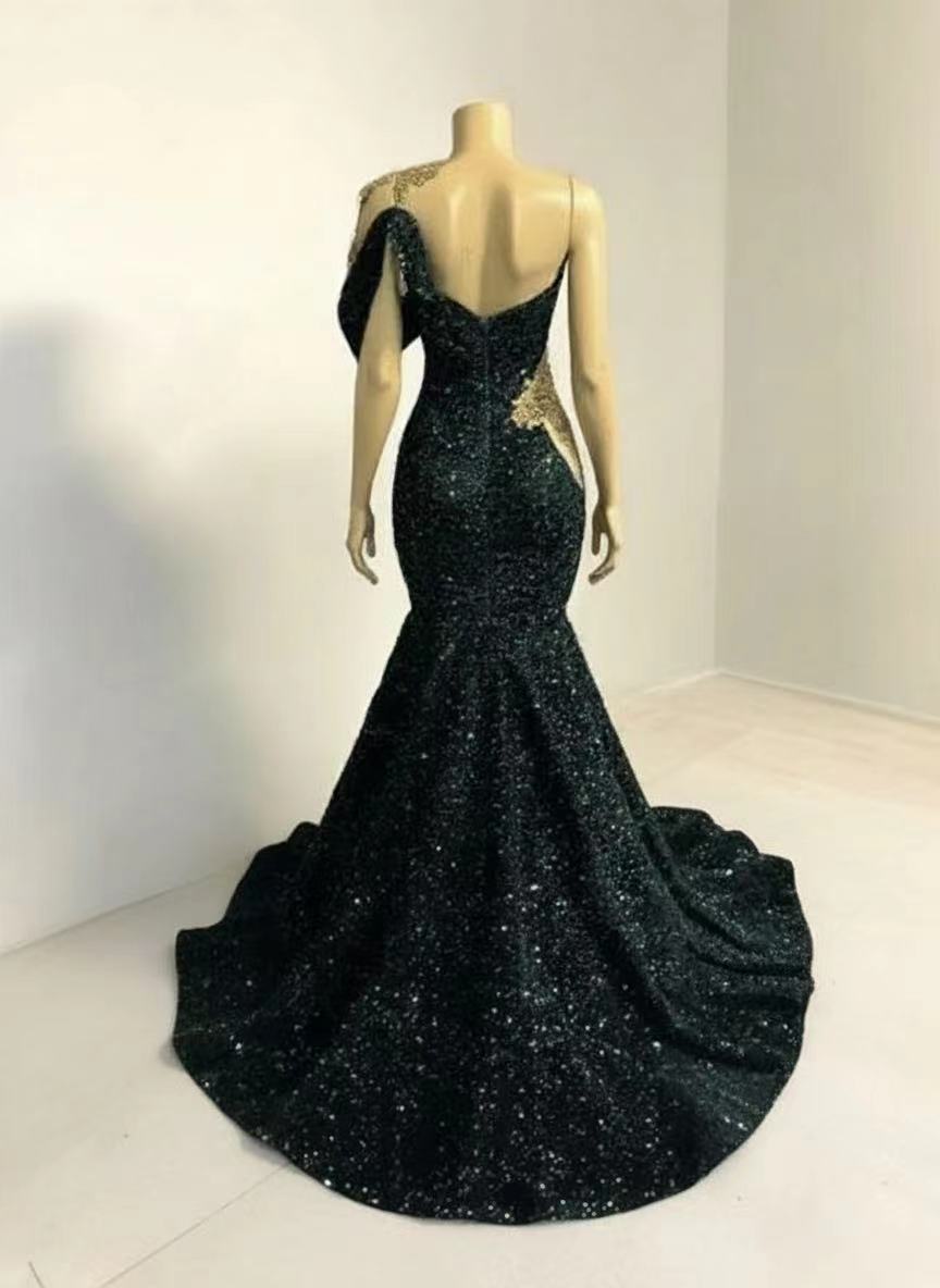 One shoulder Glittered Mermaid style dark green prom and party dress