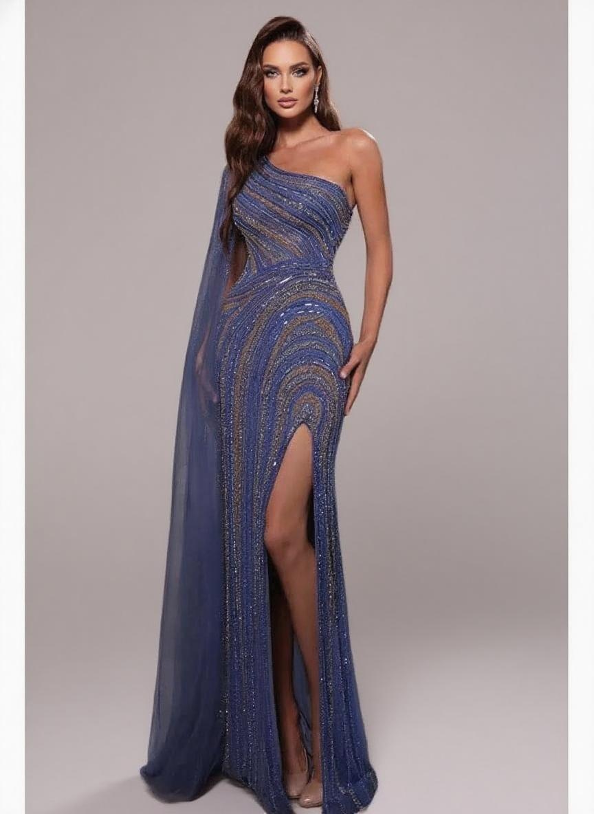 One shoulder sleeveless floor length sequin party dress