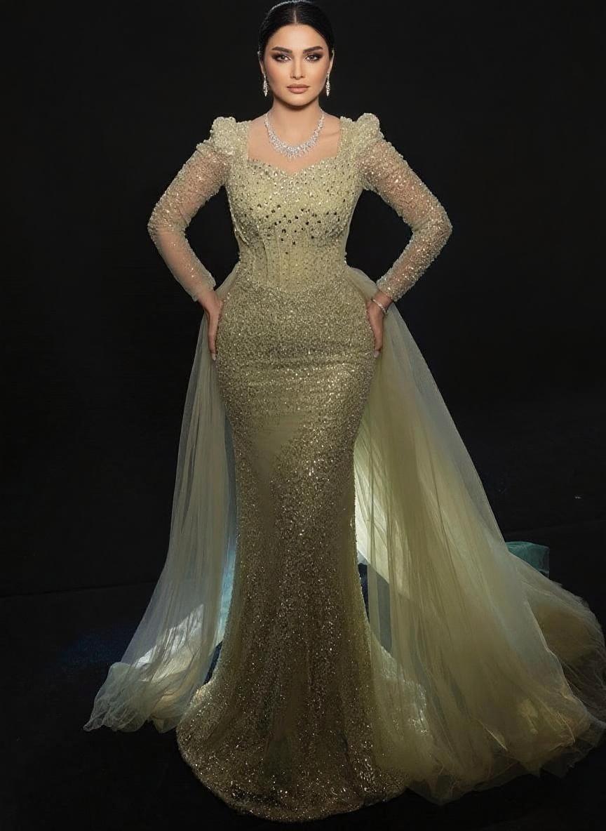 Sequined panel train long sleeves square neck gorgeous bridal dress