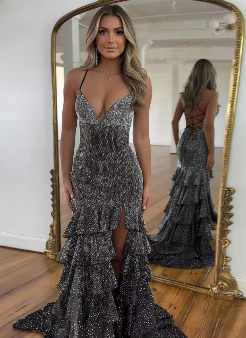 Spaghetti straps deep v neck layered design sleeveless party dress