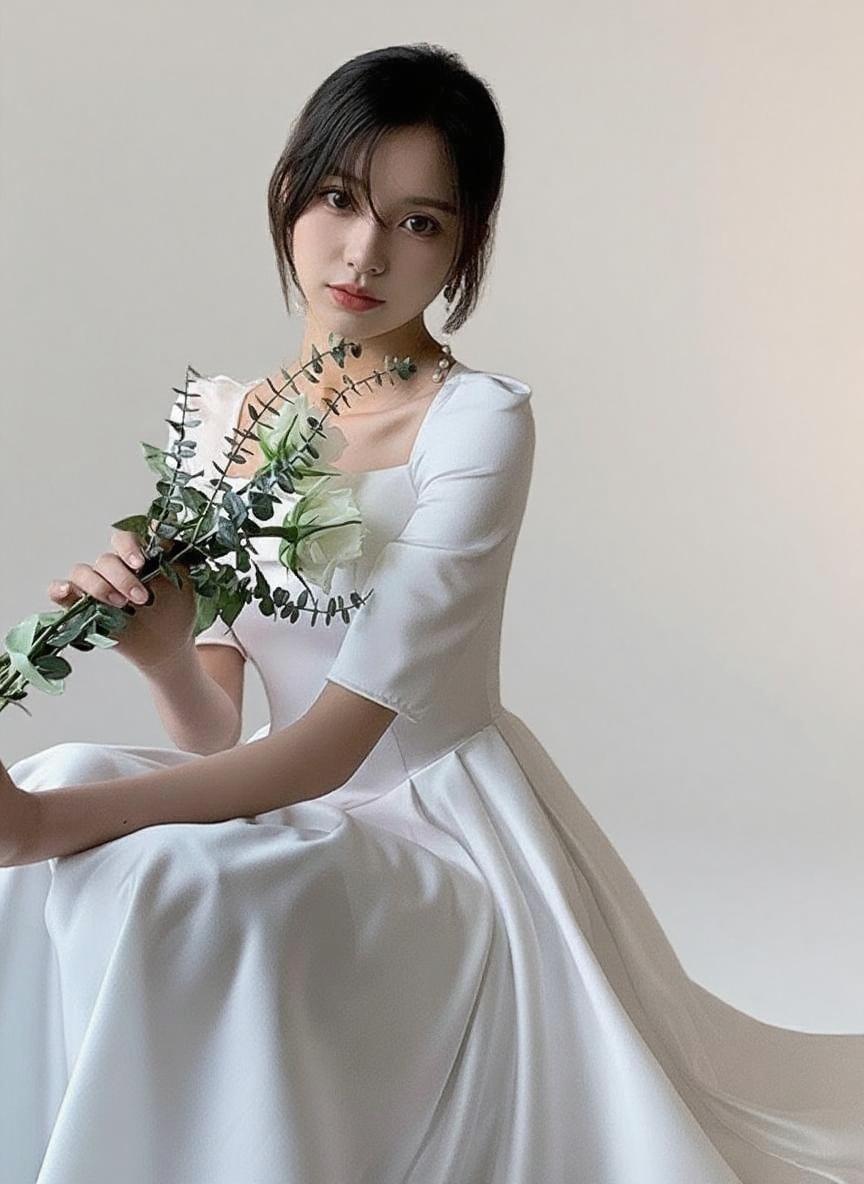 Satin Quartar length short sleeve Bridal and bridesmaid dress