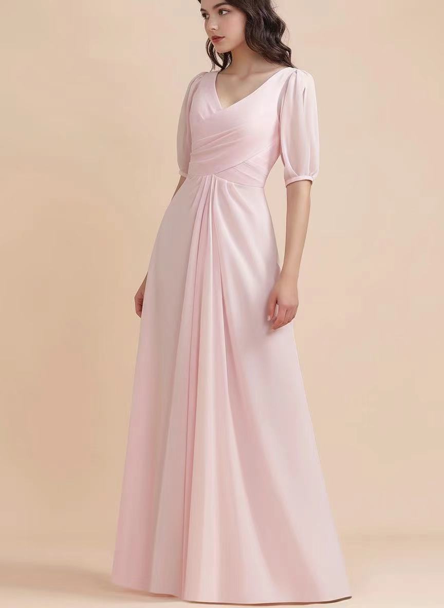 Satin sleeveless floor length V neck bridal party and prom dress pink color