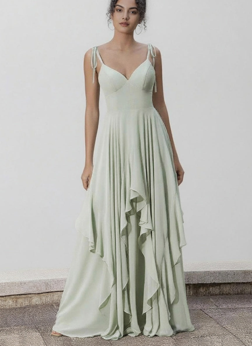 Chiffon A-line Bridesmaid Dresses V-neck Bow Spaghetti Straps Layered Ruffle