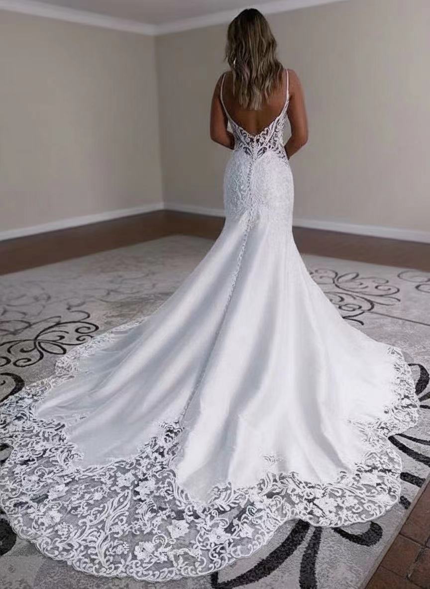 Mermaid style gorgeous lace and satin chapel length sleeveless bridal dress