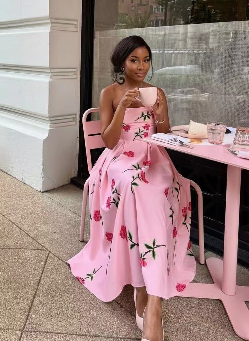 Satin flower imprinted off the shoulder sleeveless floor length party dress